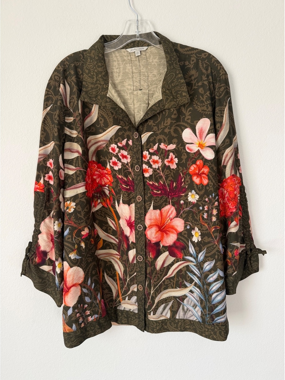 John Mark NWT 3/4 Sleeve Button Up Wire Collar V-Neck Floral Boho Blouse Size 2X